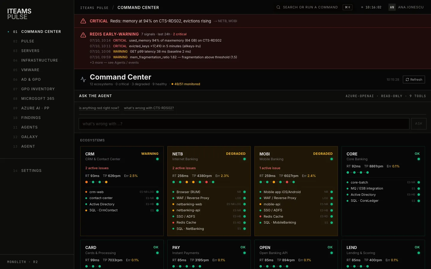 Command Center în demo-ul Pulse: alertă critică pe Redis și serviciile NETB și MOBI degradate